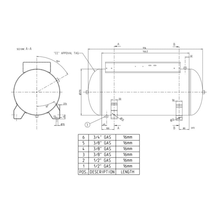 Aerotec persluchttank 90 L horizontaal - 11 bar met smalle beugel zonder bevestiging