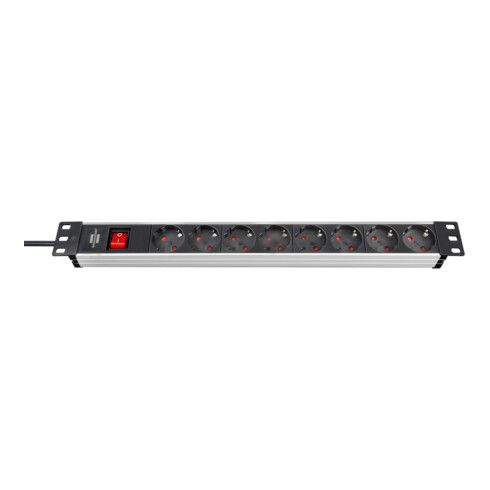 Alu-Line 19" Steckdosenleiste für Schaltschränke 8-fach schwarz/silber 2m H05VV-F 3G1,5 mit Schalter