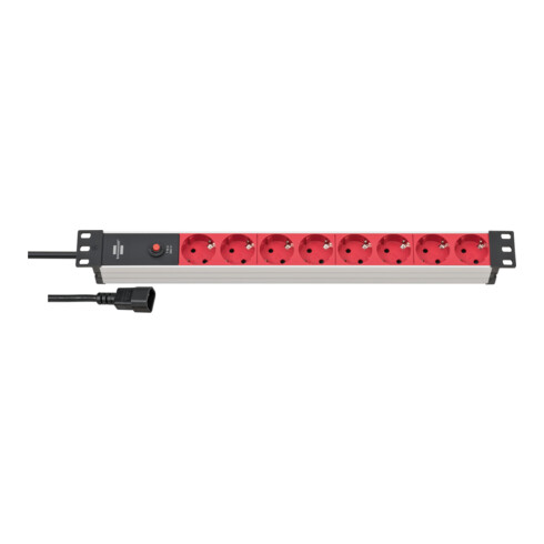 Alu-Line 19" Steckdosenleiste für Schaltschränke mit 10A Sicherungsautomat und Kaltgerätestecker IEC C14 8-fach silber/rot 2m H05VV-F 3G1,0