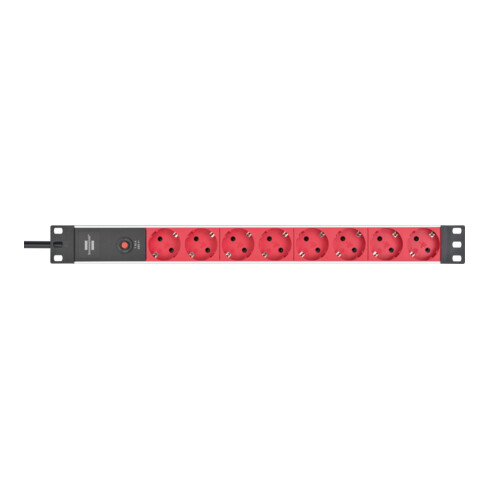 Alu-Line 19" Steckdosenleiste für Schaltschränke mit 10A Sicherungsautomat und Kaltgerätestecker IEC C14 8-fach silber/rot 2m H05VV-F 3G1,0