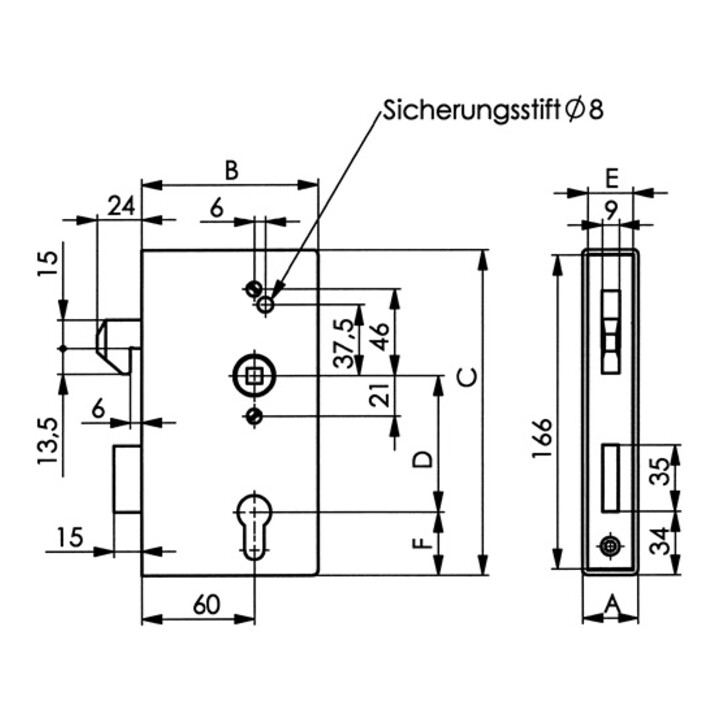 AMF Schiebetür-Schlosskasten 140SNIG V2A DIN L/R Maß A30xB94xC172mm Dornm.60mm