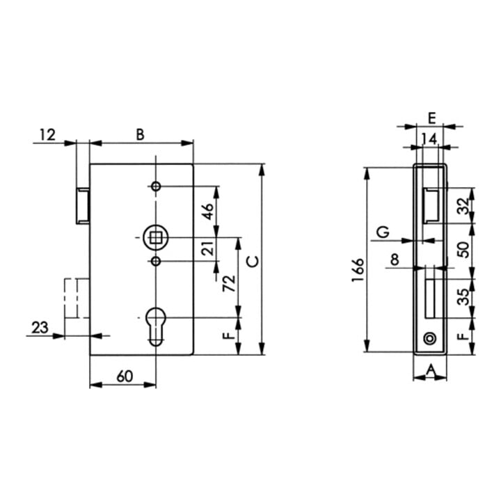 AMF Schlosskasten 140P DIN L Maß A30xB94xC172mm Dornm.60mm Entf.72mm