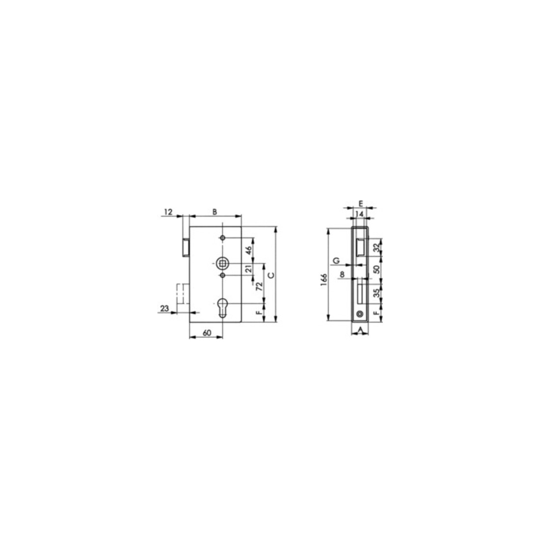 AMF Schlosskasten 140P DIN L Maß A40xB94,5xC173mm Dornm.60mm Entf.72mm