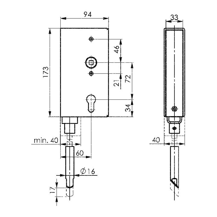 AMF Schlosskasten 140V DIN L/R Maß A40xB94xC173mm Dornm.60mm Entf.72mm