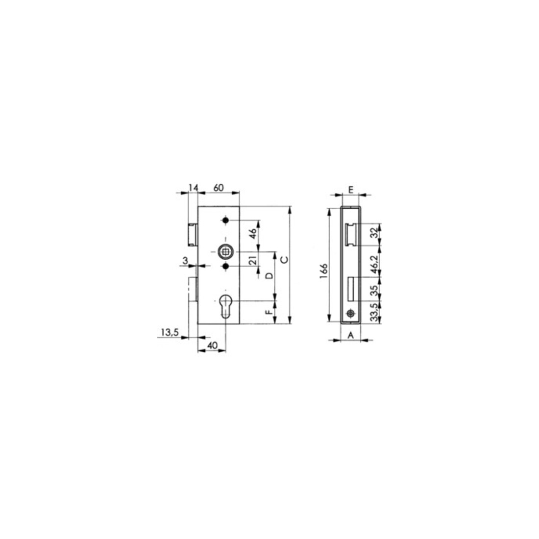 AMF Schlosskasten,schmal 141U,blk DIN L/R Maß A 40 Maß B 60 Maß C 173mm