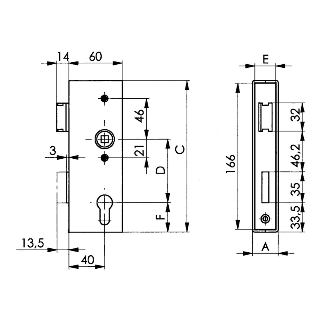 AMF Schlosskasten,schmal 141U,blk DIN L/R Maß A30xB60xC172mm Dornm.40mm Entf.72mm