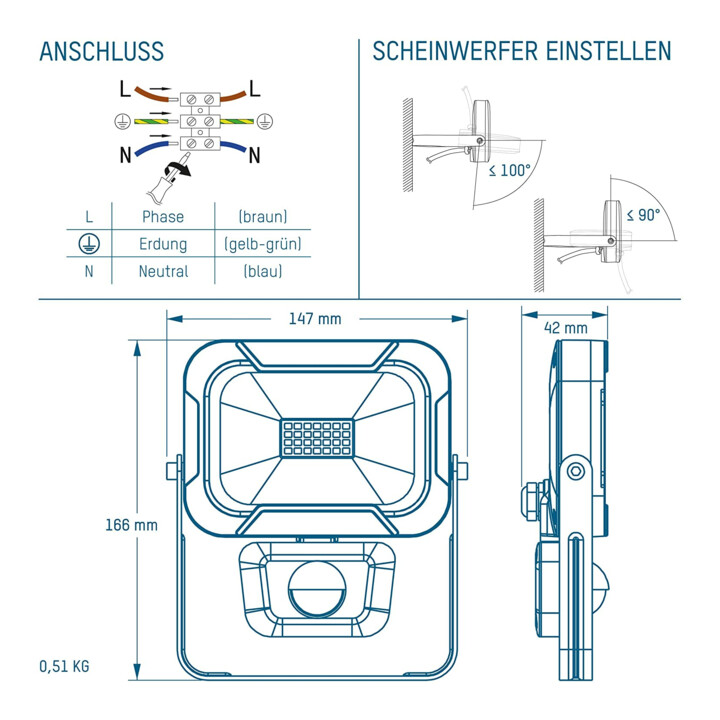 Ansmann Luminary LED-wandschijnwerper PIR 10 W bewegingsmelder, tot 800 lumen WFL800S