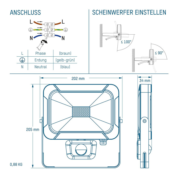 Ansmann Luminary LED-Wandstrahler PIR 20 W Bewegungsmelder, bis zu 1600 Lumen WFL1600S