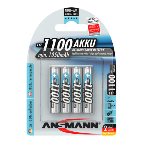 Ansmann NiMH accu Micro AAA type 1100, 1050 mAh, blisterverpakking van 4