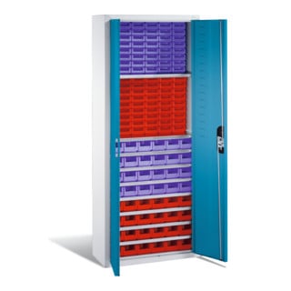 Armoire à bacs C+P avec 138 bacs à bec, H1690xL700xP300mm Façade bleu clair Corps gris clair