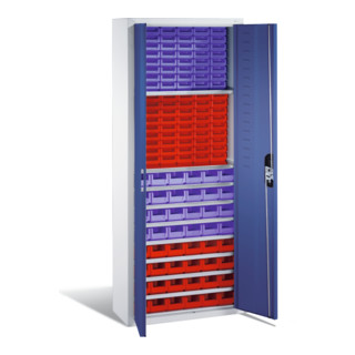 Armoire à bacs C+P avec 138 bacs à bec, H1690xL700xP300mm Façade bleu gentiane Corps gris clair