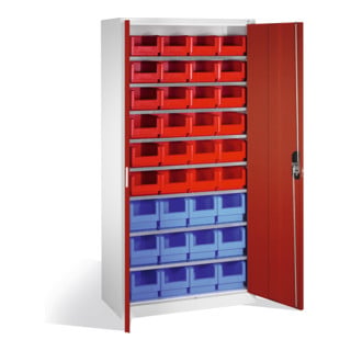 Armoire à bacs C+P avec 26 bacs à bec, H1980xL1000xP420mm Façade rouge rubis Corps gris clair