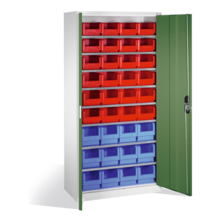 Armoire à bacs C+P avec 26 bacs à bec, H1980xL1000xP420mm Façade vert réséda Corps gris clair