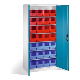Armoire à bacs C+P avec 28 bacs à bec, H1980xL1000xP420mm Façade bleu clair Corps gris clair