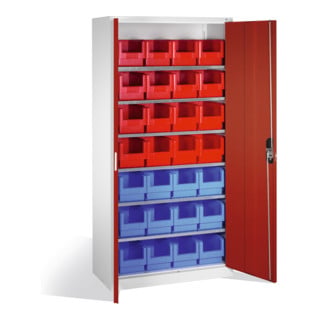 Armoire à bacs C+P avec 28 bacs à bec, H1980xL1000xP420mm Façade rouge rubis Corps gris clair