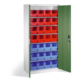Armoire à bacs C+P avec 28 bacs à bec, H1980xL1000xP420mm Façade vert réséda Corps gris clair