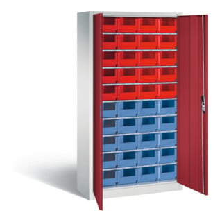 Armoire à bacs C+P avec 40 bacs à bec, H1980xL1000xP420mm Façade rouge rubis Corps gris clair