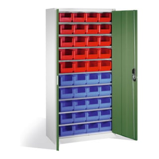Armoire à bacs C+P avec 40 bacs à bec, H1980xL1000xP420mm Façade vert réséda Corps gris clair
