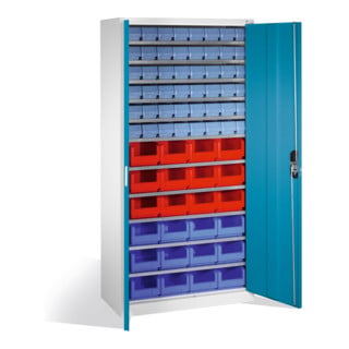Armoire à bacs C+P avec 72 bacs à bec et bacs à rayonnages, H1980xL1000xP420mm Façade bleu clair Corps gris clair