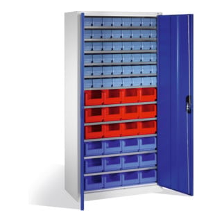Armoire à bacs C+P avec 72 bacs à bec et bacs à rayonnages, H1980xL1000xP420mm Façade bleu gentiane Corps gris clair
