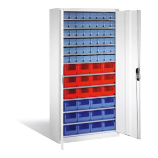 Armoire à bacs C+P avec 72 bacs à bec et bacs à rayonnages, H1980xL1000xP420mm Façade gris clair Corps gris clair
