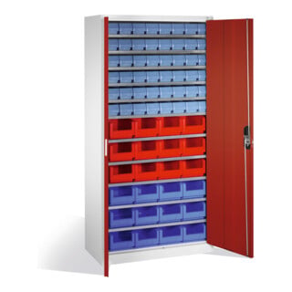 Armoire à bacs C+P avec 72 bacs à bec et bacs à rayonnages, H1980xL1000xP420mm Façade rouge rubis Corps gris clair