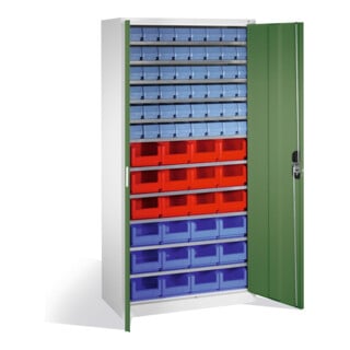 Armoire à bacs C+P avec 72 bacs à bec et bacs à rayonnages, H1980xL1000xP420mm Façade vert réséda Corps gris clair