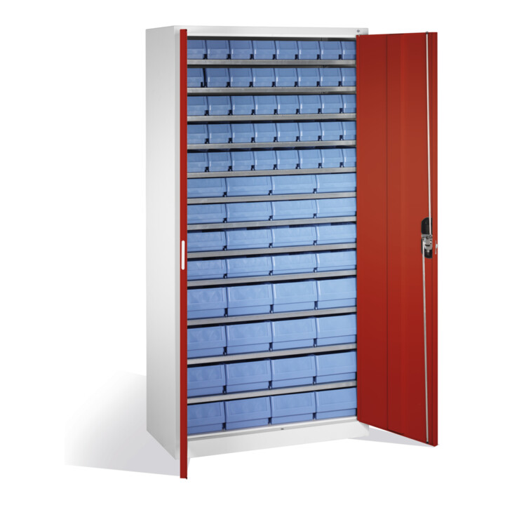 Armoire à bacs C+P avec 72 bacs d'étagères, H1980xL1000xP420mm Façade rouge rubis Corps gris clair