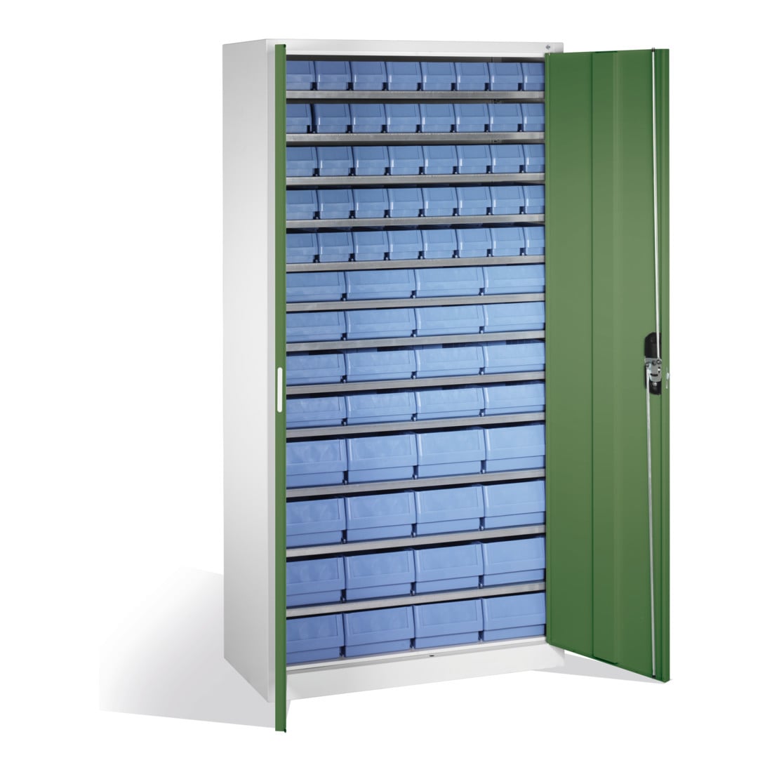 Armoire à bacs C+P avec 72 bacs d'étagères, H1980xL1000xP420mm Façade vert réséda Corps gris clair