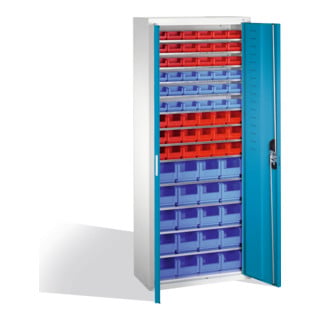 Armoire à bacs C+P avec 74 bacs à bec, H1690xL700xP300mm Façade bleu clair Corps gris clair