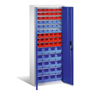 Armoire à bacs C+P avec 74 bacs à bec, H1690xL700xP300mm Façade bleu gentiane Corps gris clair