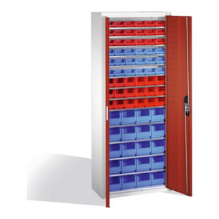 Armoire à bacs C+P avec 74 bacs à bec, H1690xL700xP300mm Façade rouge rubis Corps gris clair