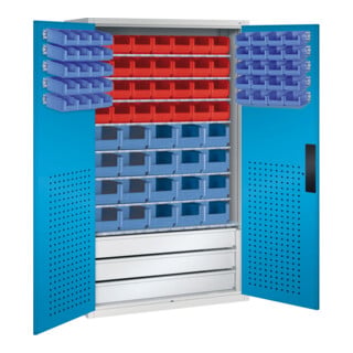 Armoire à bacs C+P avec 83 bacs à bec et 3 tiroirs, H1950xL1100xP535mm Façade bleu clair Corps gris clair