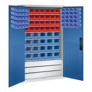 Armoire à bacs C+P avec 83 bacs à bec et 3 tiroirs, H1950xL1100xP535mm Façade bleu gentiane Corps gris clair