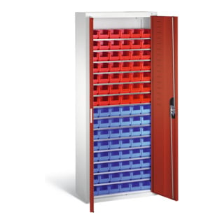 Armoire à bacs C+P avec 90 bacs à bec, H1690xL700xP300mm Façade rouge rubis Corps gris clair