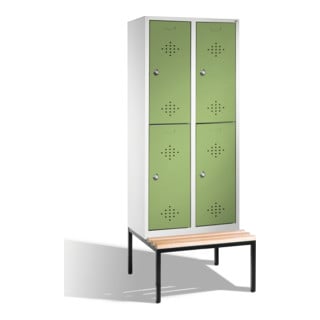 C+P Armoire à casiers Classic double étage avec banc, 4 compartiments, H2090×I810×P500/815mm, façade vert réséda, corps gris clair