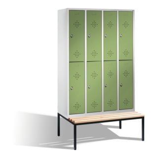 C+P Casier double Classic avec banc, 8 compartiments, H2090×I1190×P500/815mm, façade vert réséda, corps gris clair