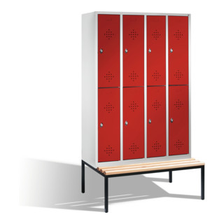 C+P Armoire double Classic avec banc, 8 casiers, H2090×I1190×P500/815mm face rubis rouge corps gris clair