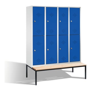 C+P Casier double Classic avec banc, 8 compartiments, H2090 × I1590 × P500/815 mm, façade bleu gentiane, corps gris clair