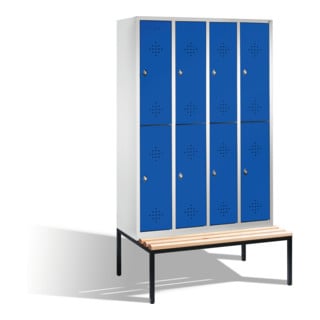 C+P Armoire à casiers Classic double étage avec banc, 8 compartiments, H2090×I1190×P500/815mm, façade bleu gentiane, corps gris clair