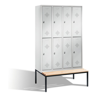 C+P Armoire à casiers Classic double étage avec banc, 8 compartiments, H2090×I1190×P500/815mm, façade gris clair, corps gris clair