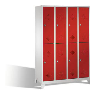 C+P Casier double Classic sur pieds, 8 compartiments, H1850×I1190×P500mm, façade rubis, corps gris clair
