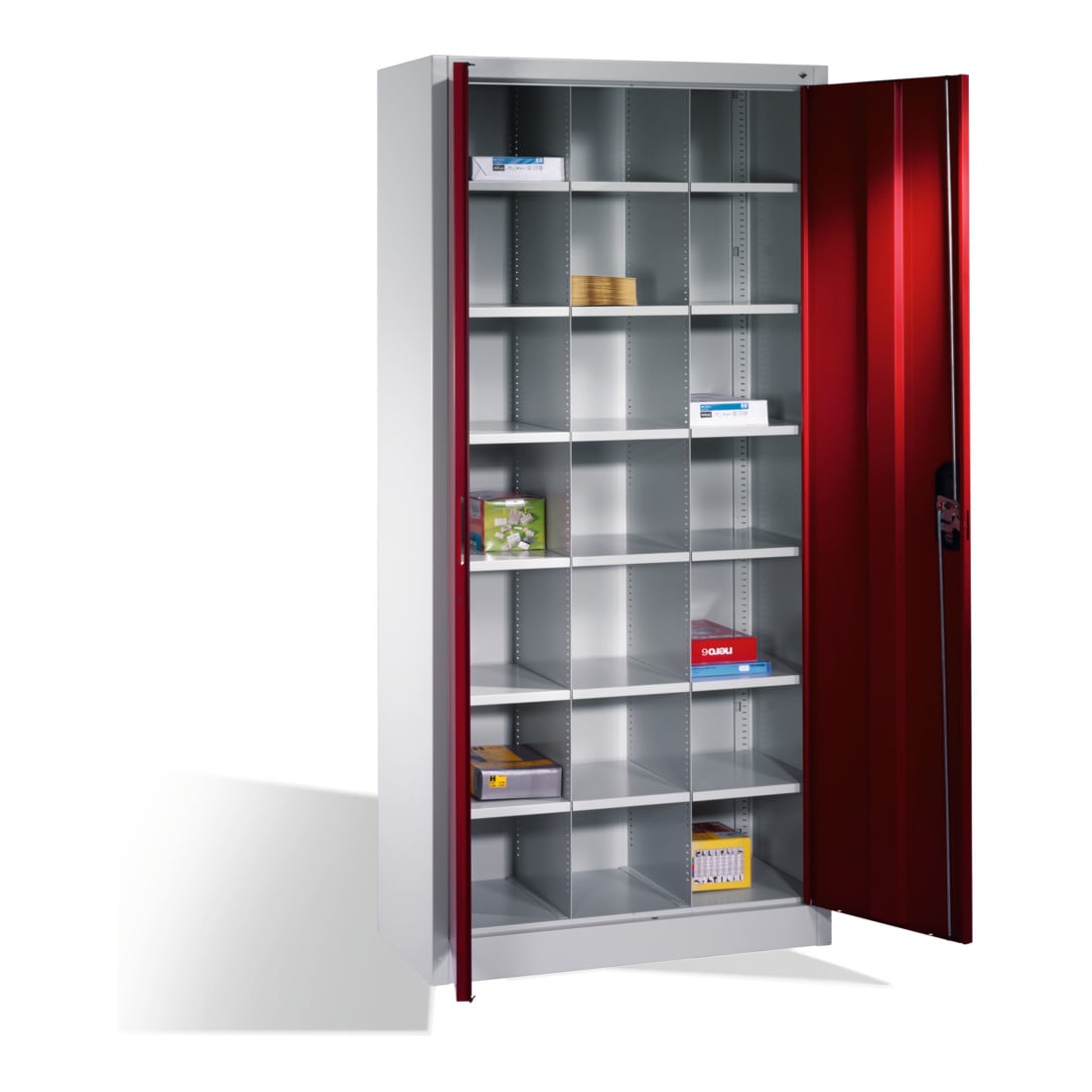 Armoire à dossiers C+P Acurado avec portes battantes, 21 compartiments intérieurs, H1950xL930xP400mm Façade rouge rubis Corps gris clair
