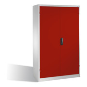 Armoire à outils C+P à portes battantes, 3 tablettes et 3 tiroirs, H1950xL1200xP400mm Façade rouge rubis Corps gris clair