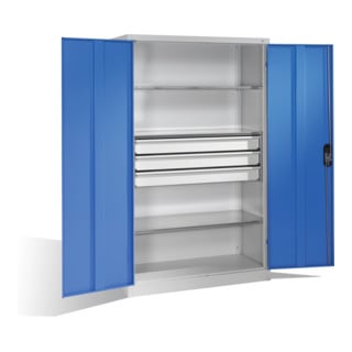 Armoire à outils C+P à portes battantes, 3 tablettes et 3 tiroirs, H1950xL1200xP500mm Façade bleu clair Corps gris clair