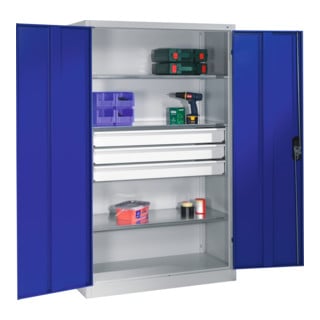 Armoire à outils C+P à portes battantes, 3 tablettes et 3 tiroirs, H1950xL1200xP500mm Façade bleu gentiane Corps gris clair