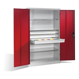 Armoire à outils C+P à portes battantes, 3 tablettes et 3 tiroirs, H1950xL1200xP500mm Façade rouge rubis Corps gris clair