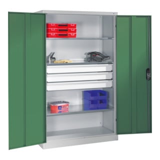 Armoire à outils C+P à portes battantes, 3 tablettes et 3 tiroirs, H1950xL1200xP500mm Façade vert réséda Corps gris clair