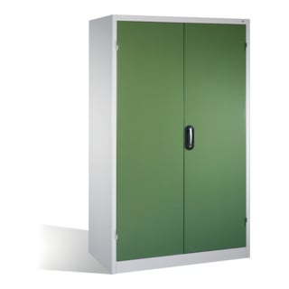 Armoire à outils C+P à portes battantes, 3 tablettes et 3 tiroirs, H1950xL1200xP600mm Façade vert réséda Corps gris clair