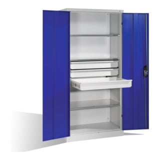 Armoire à outils C+P à portes battantes, 3 tablettes et 3 tiroirs, H1950xL930xP500mm Façade bleu gentiane Corps gris clair